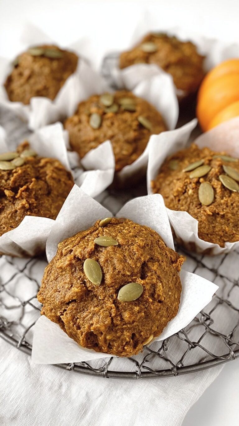 A stack of golden brown whole wheat pumpkin muffins on a wire cooling rack.
