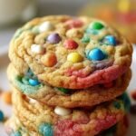 A stack of soft, chewy cookies filled with bright and colorful rainbow baking chips.