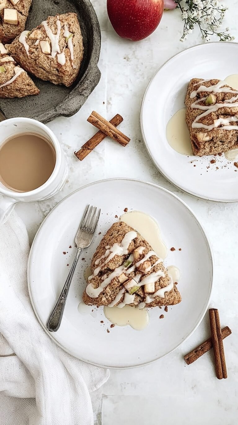 Six golden-brown gluten-free apple cinnamon scones on a parchment-lined baking sheet