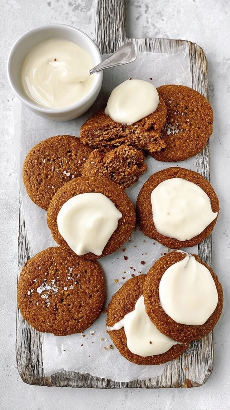 A plate of soft pumpkin cookies drizzled with white protein icing on a wooden table.