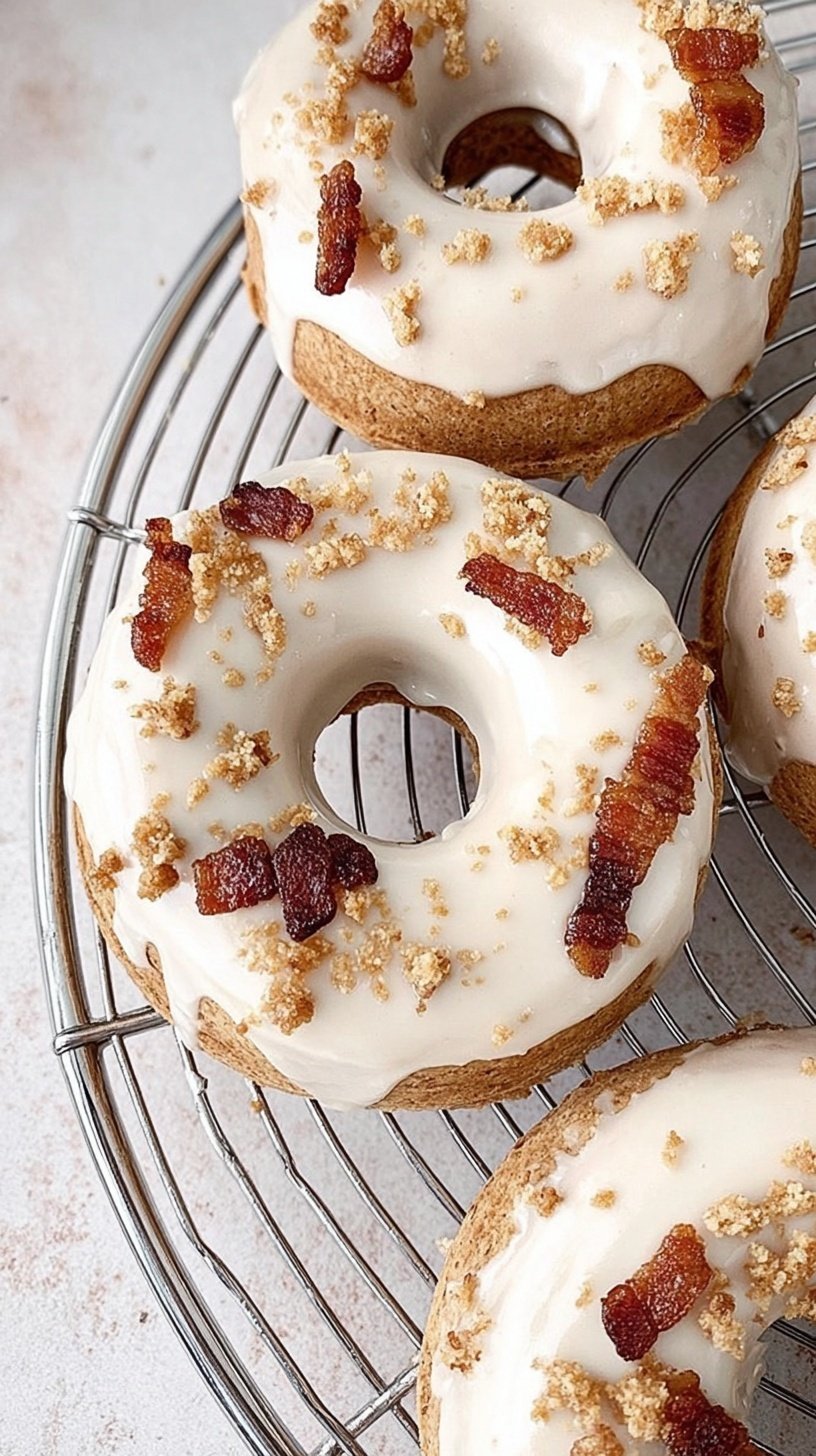 Six baked protein donuts topped with maple glaze and crumbled bacon on a wire rack