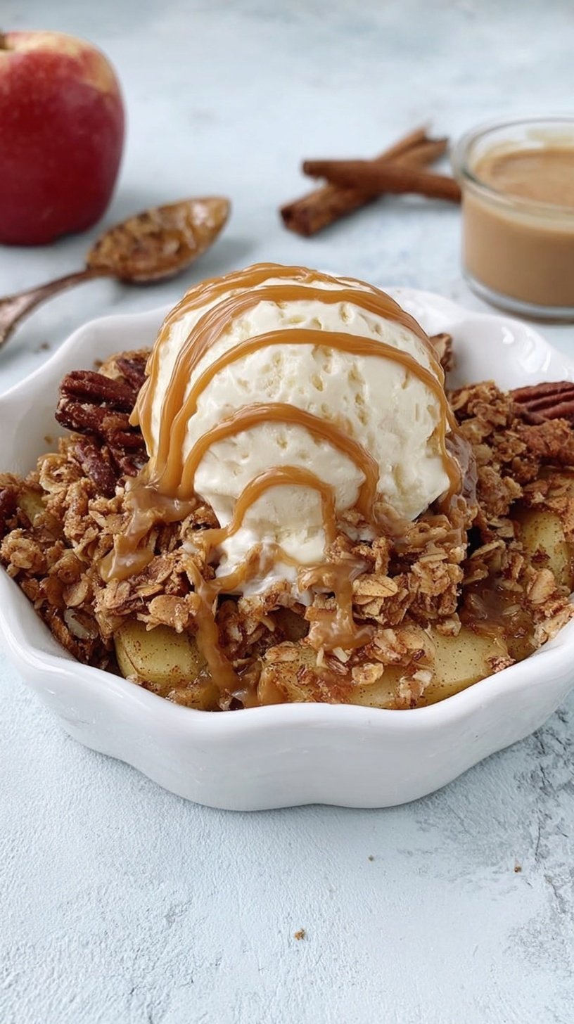 A single serve ramekin filled with bubbly peanut butter apple crisp and a golden oat topping.