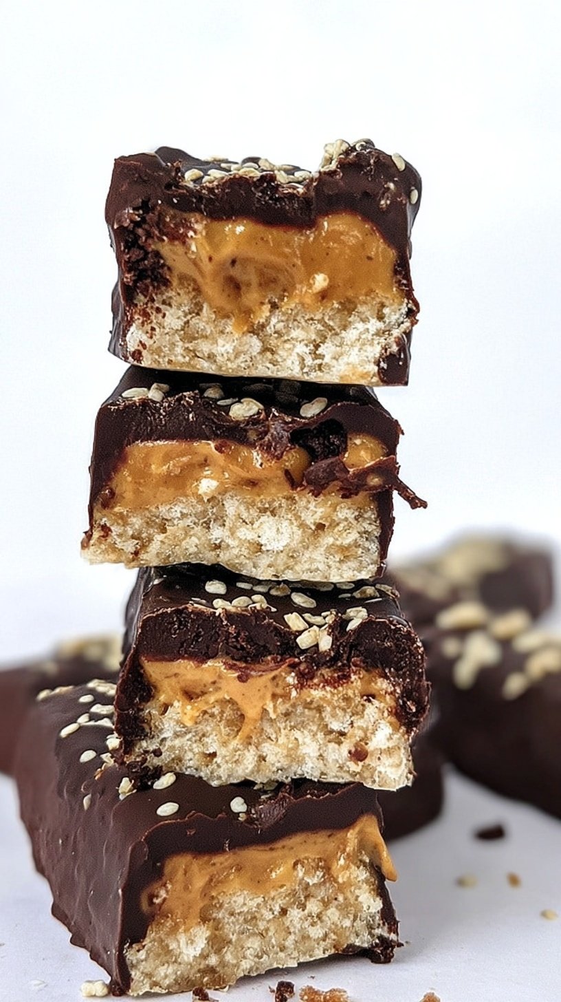 Chocolate covered homemade protein bars with peanut and caramel layers on parchment paper