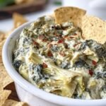 A bubbling white ceramic dish filled with healthy spinach artichoke dip topped with melted mozzarella cheese