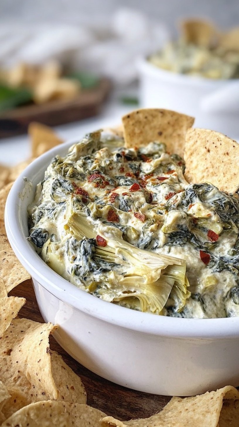 A bubbling white ceramic dish filled with healthy spinach artichoke dip topped with melted mozzarella cheese
