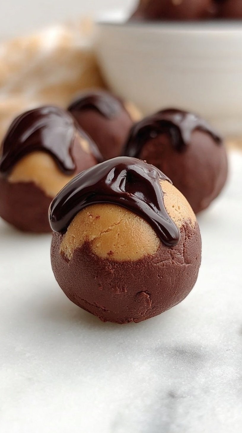 A tray of dark chocolate coated peanut butter protein truffles topped with sea salt