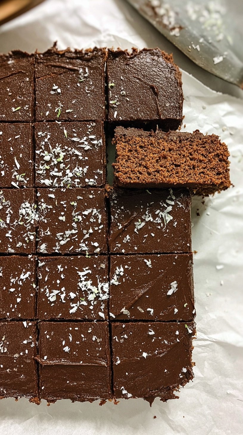 A slice of dark chocolate zucchini cake on a white plate with chocolate chips on top.