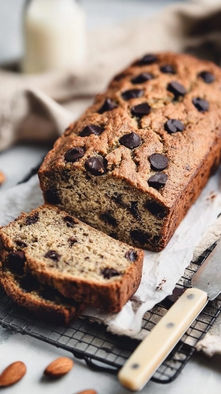 A golden loaf of chocolate chip almond flour banana bread sliced on a wooden board.