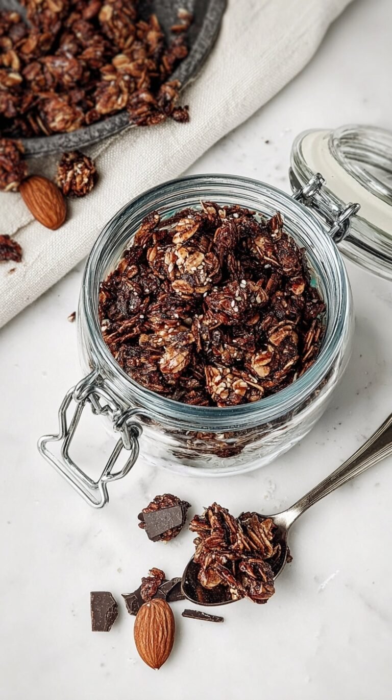 A close-up shot of crunchy dark chocolate almond granola on a baking sheet with dark chocolate chips.