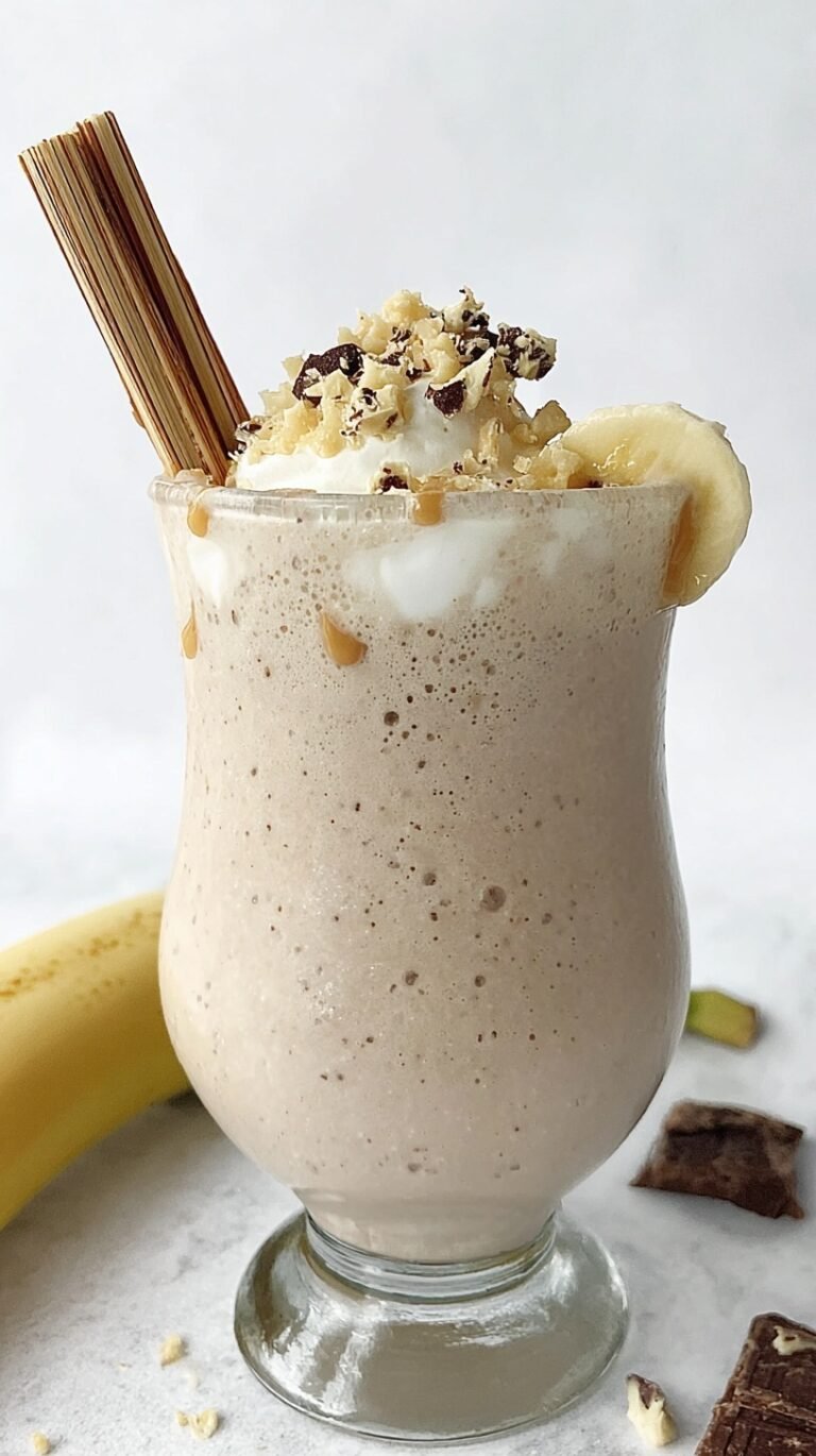 A thick chocolate protein shake in a glass topped with walnuts and chocolate chips