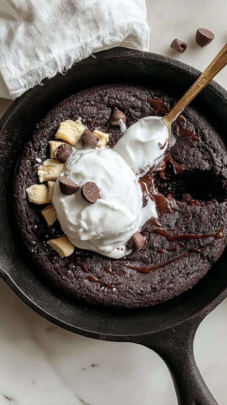 A rich chocolate brownie in a cast iron skillet topped with melted chocolate chips and a scoop of vanilla ice cream.
