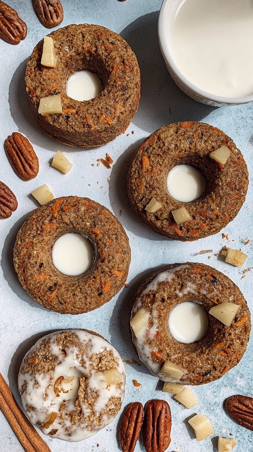 Six golden-brown baked carrot cake donuts on a wire cooling rack with a light cream cheese drizzle.