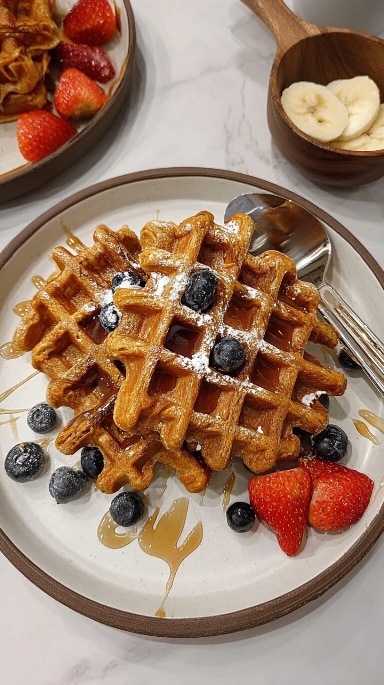 A stack of golden brown sweet potato protein waffles topped with maple syrup and pecans on a white plate.
