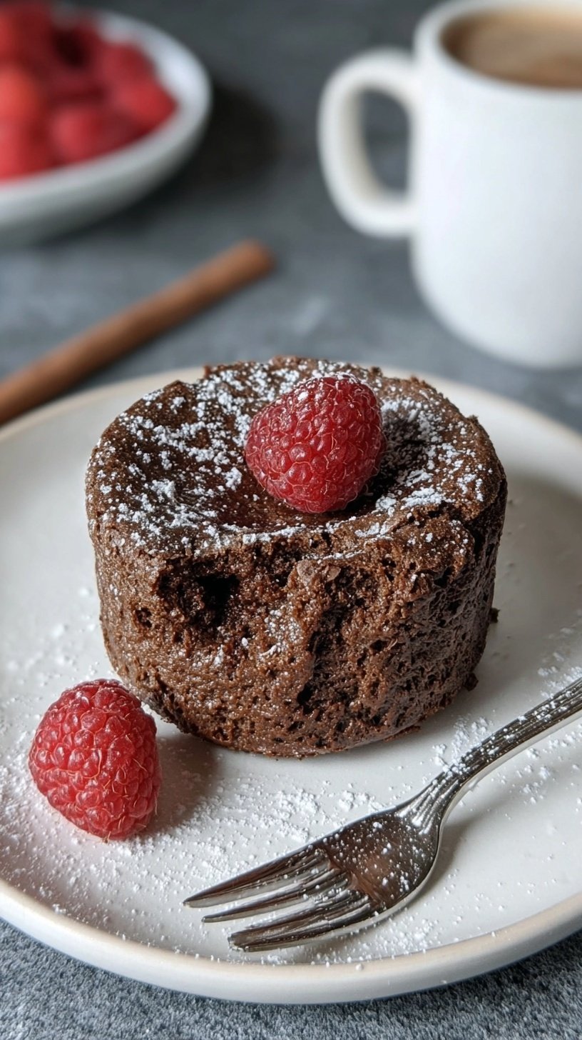 A warm whole wheat chocolate mug cake in a white ceramic mug with a spoon