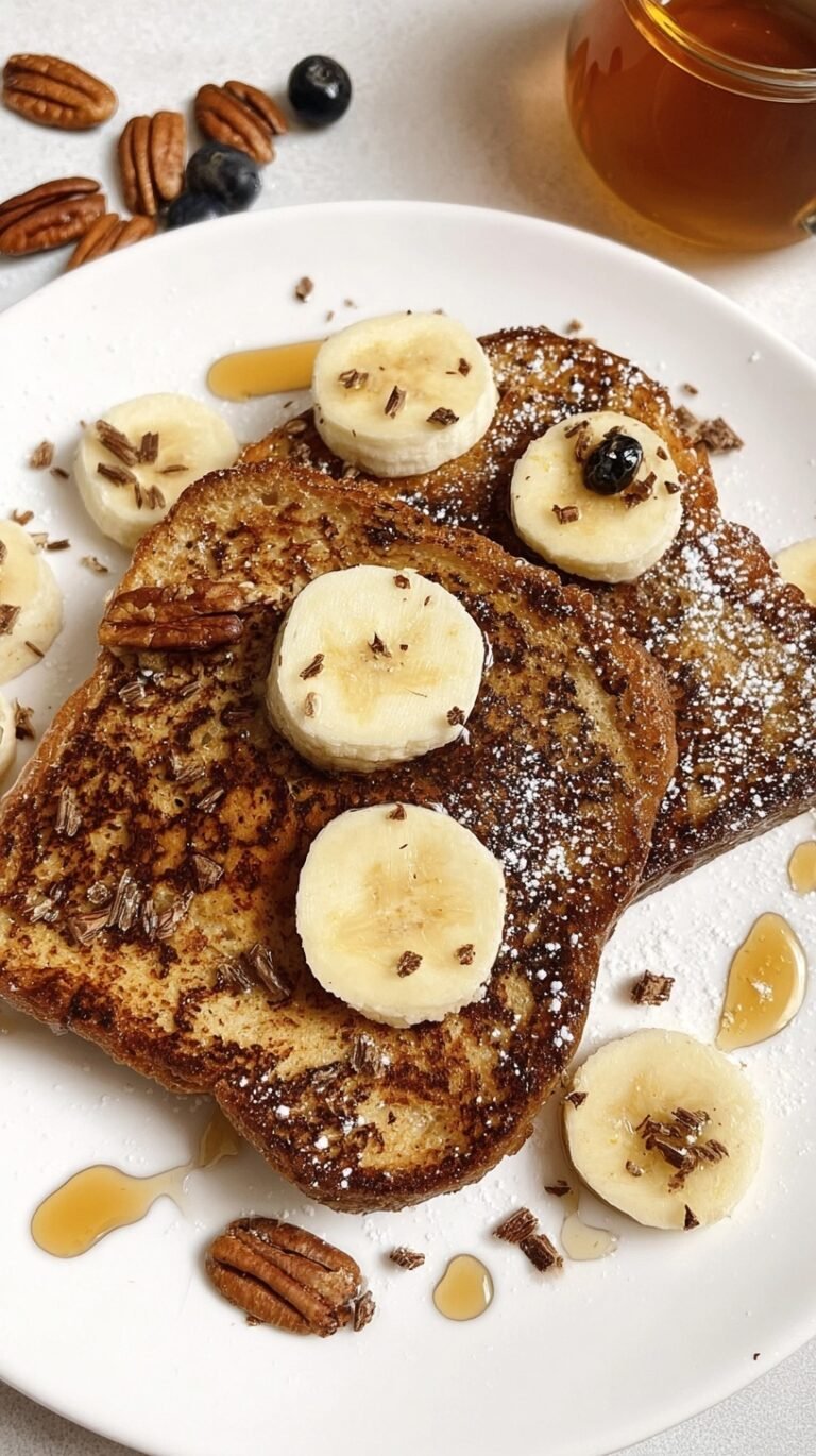 Golden brown banana french toast topped with caramelized banana slices and maple syrup on a white plate.
