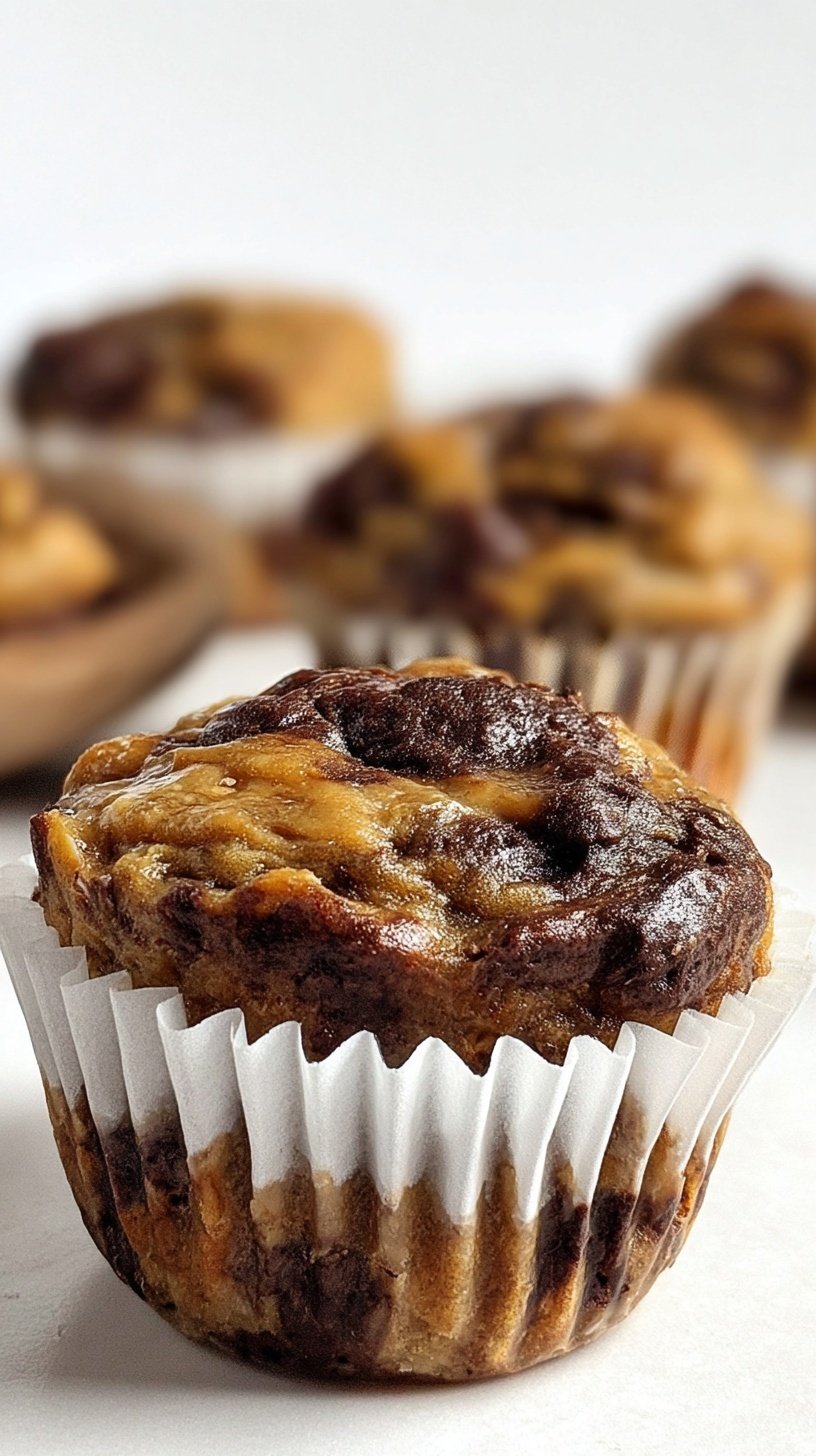 A close up of marbled chocolate and peanut butter banana muffins on a wire rack