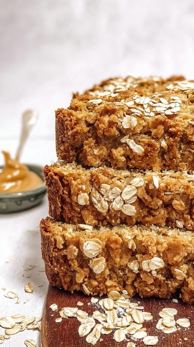 A sliced loaf of golden peanut butter banana bread on a wire cooling rack.