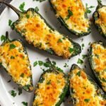 Halved jalapeno peppers filled with creamy cheese and topped with golden crushed tortilla chips on a baking sheet.
