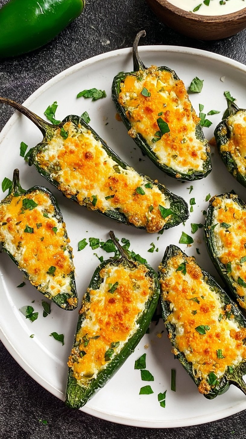 Halved jalapeno peppers filled with creamy cheese and topped with golden crushed tortilla chips on a baking sheet.