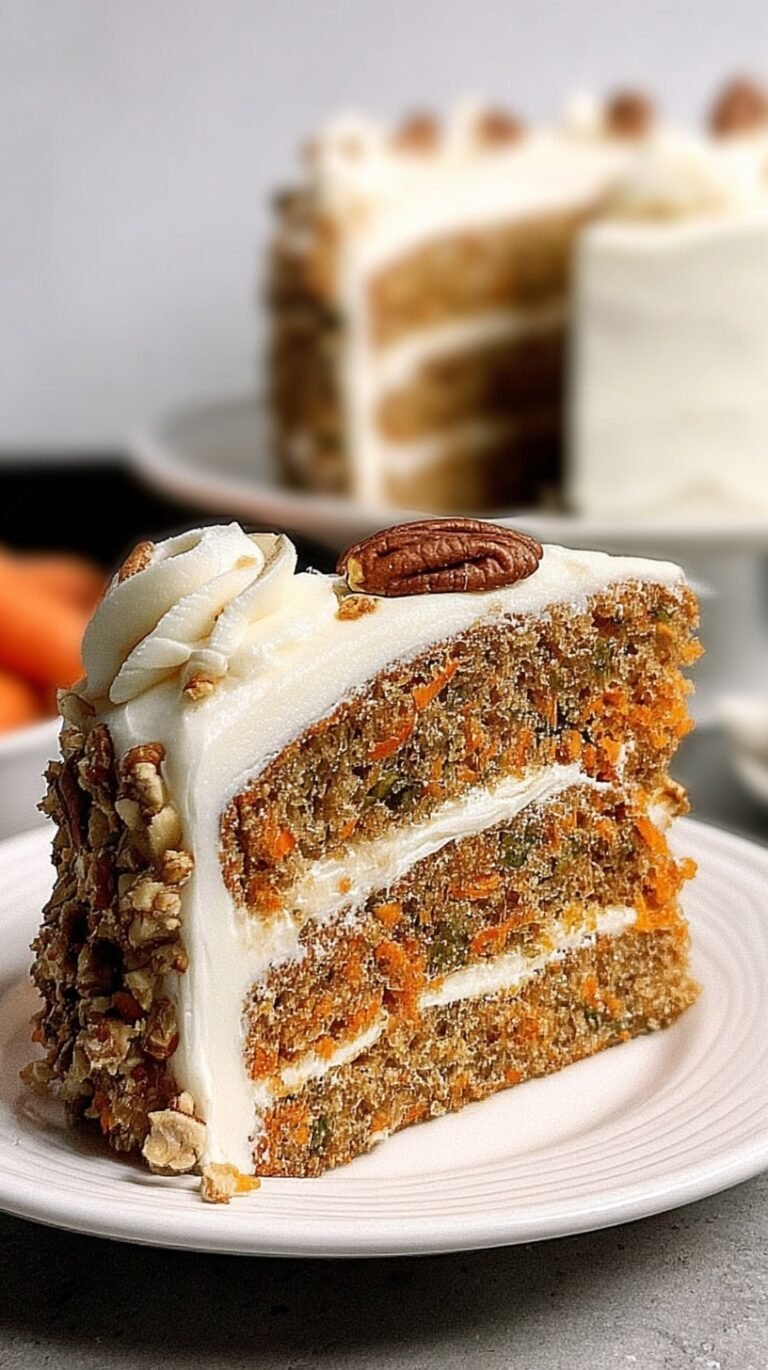 A slice of healthy protein carrot cake with creamy Greek yogurt frosting on a white plate.