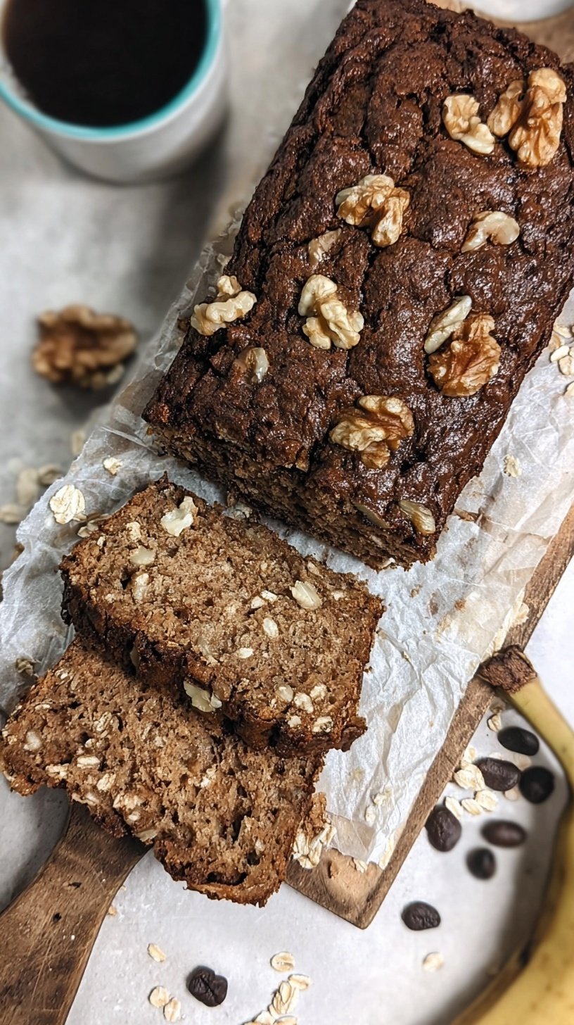 A sliced loaf of espresso banana bread topped with crunchy walnuts and oats on a wire rack.