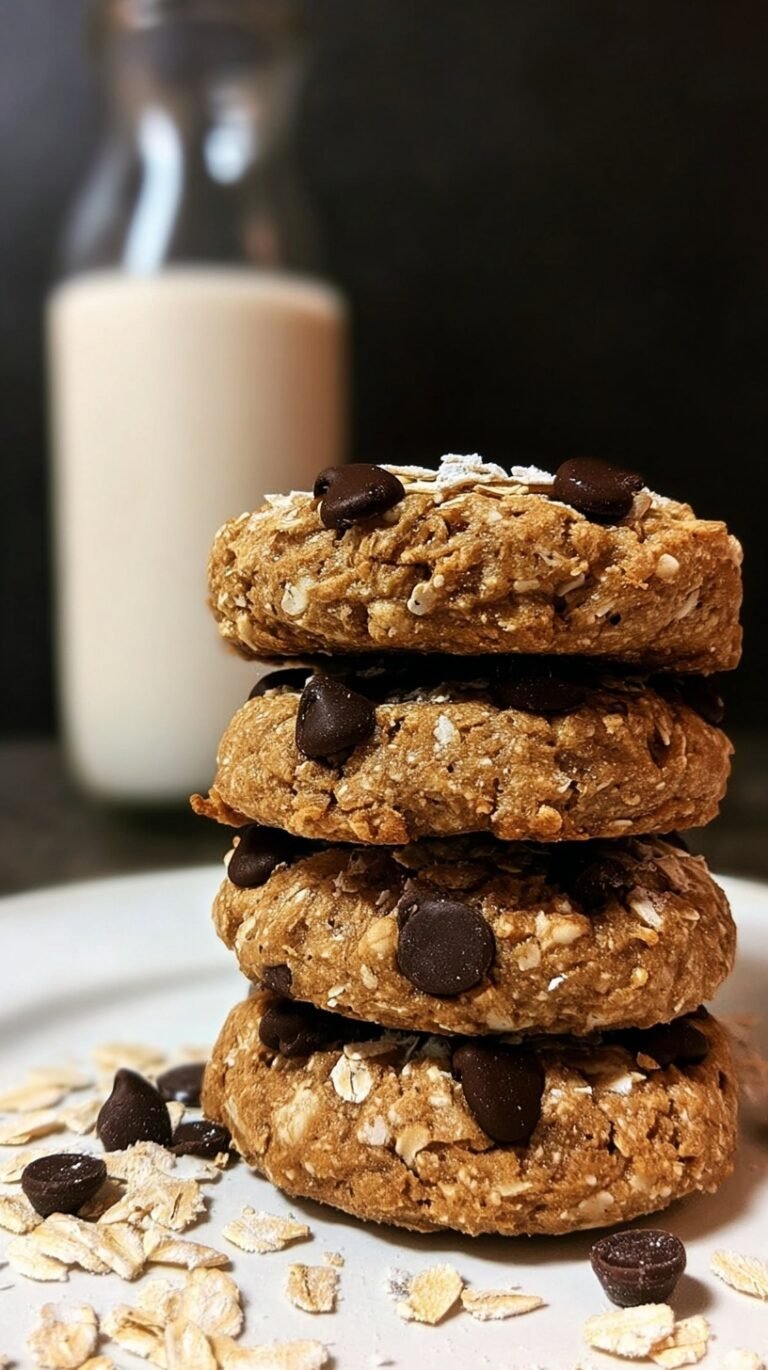 A plate of chewy oatmeal cookies made with powdered peanut butter and mini chocolate chips.