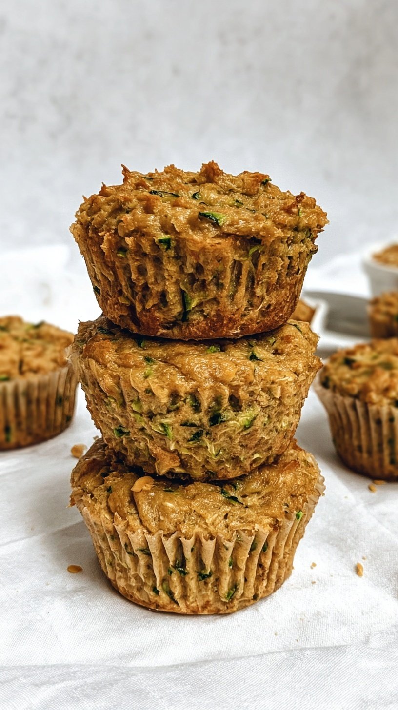 Golden brown peanut butter zucchini muffins with melted chocolate chips on a cooling rack.
