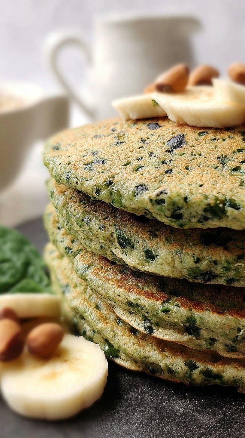 A stack of vibrant green sweet spinach pancakes topped with fresh strawberries and maple syrup
