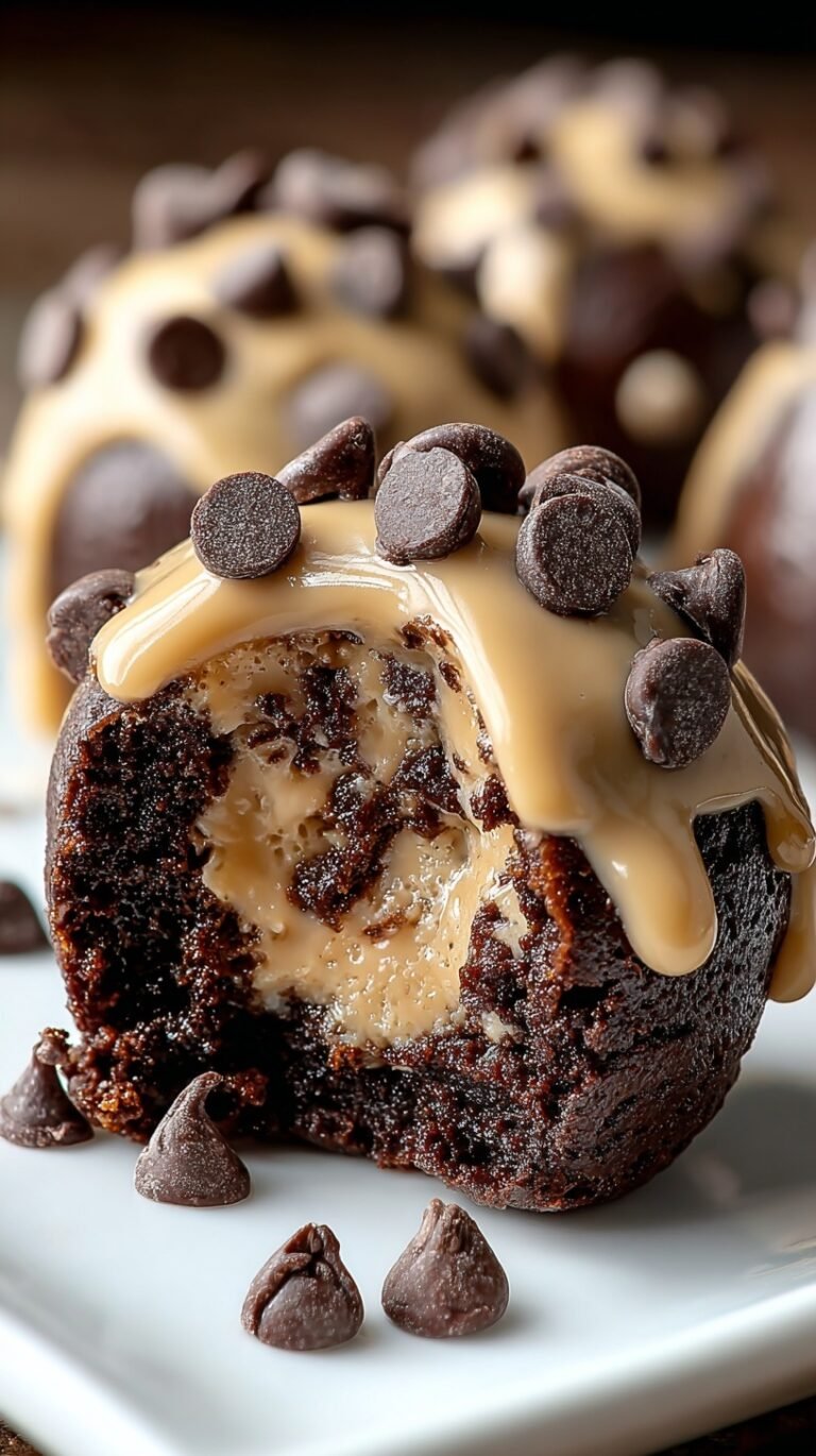 A stack of chocolate-dipped brownie bombs with one cut open to reveal a cookie dough center.