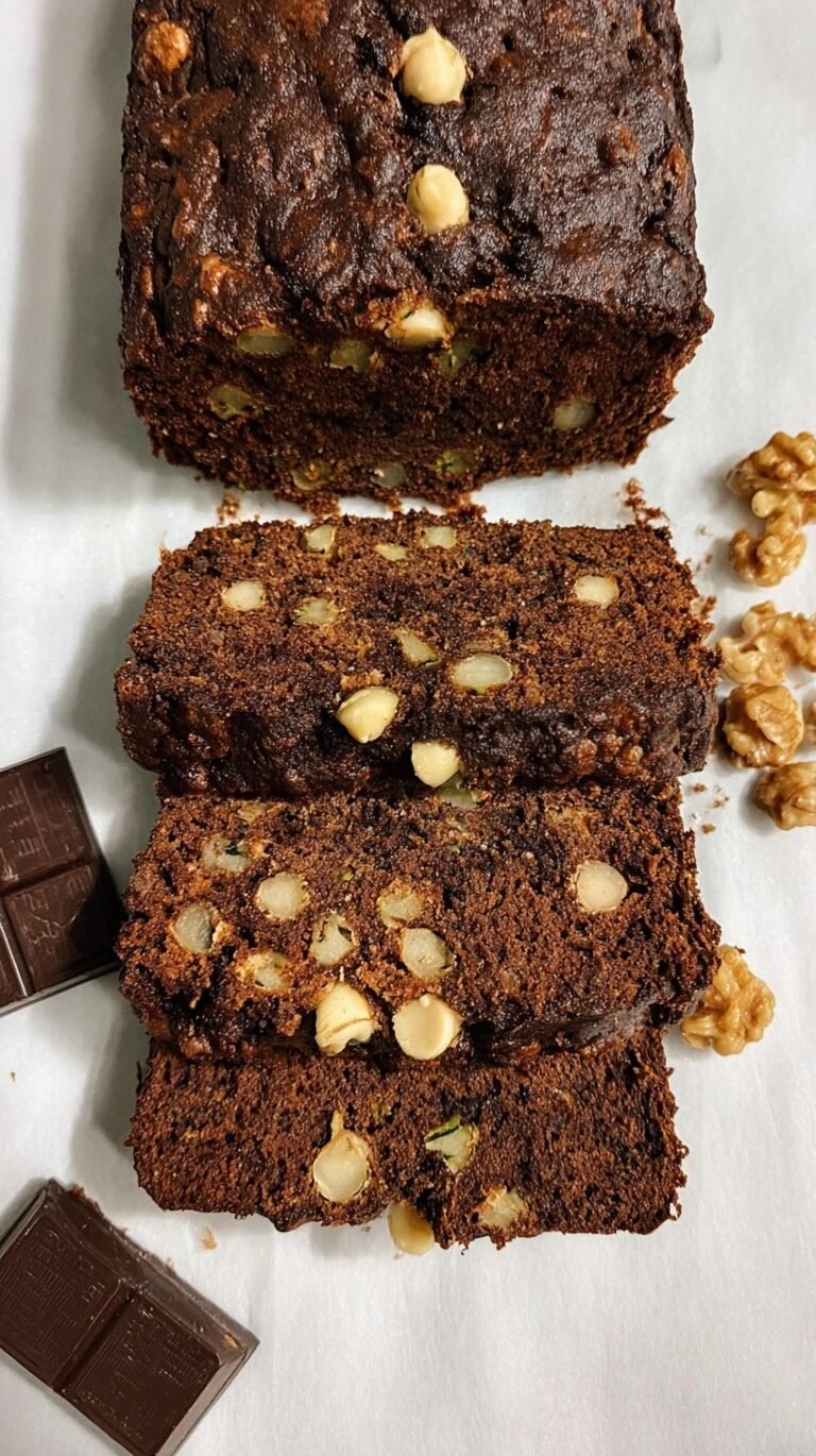 A sliced loaf of dark chocolate zucchini bread with melting white chocolate chips on a wooden board.