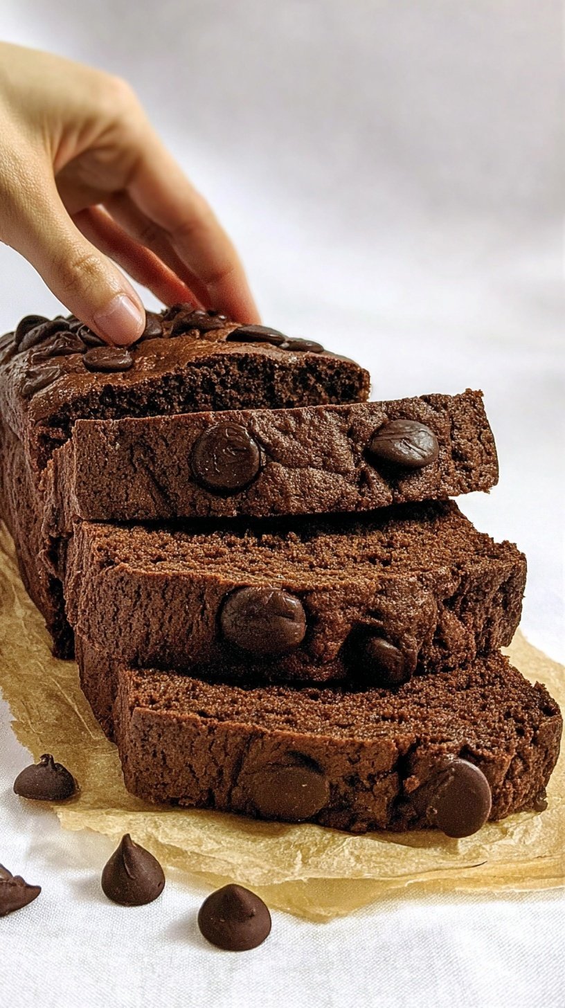 A sliced loaf of dark chocolate banana bread with melted chocolate chips on top.