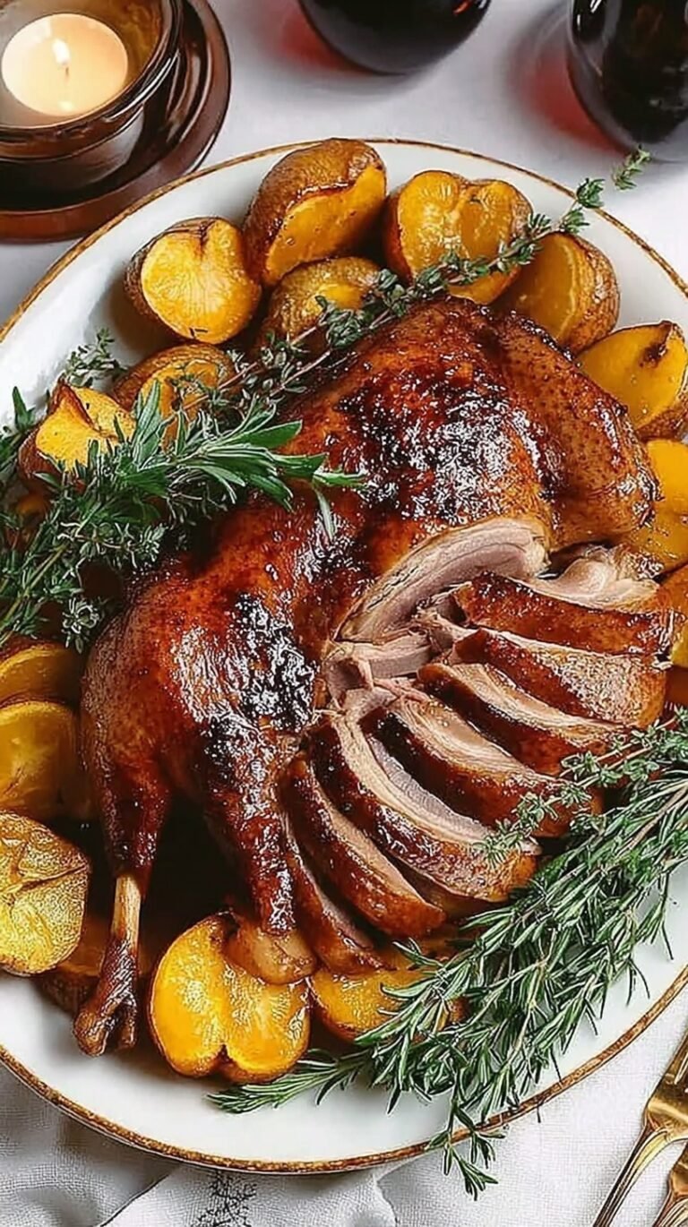 Whole roasted duck with crispy golden skin and bright orange sauce on a platter