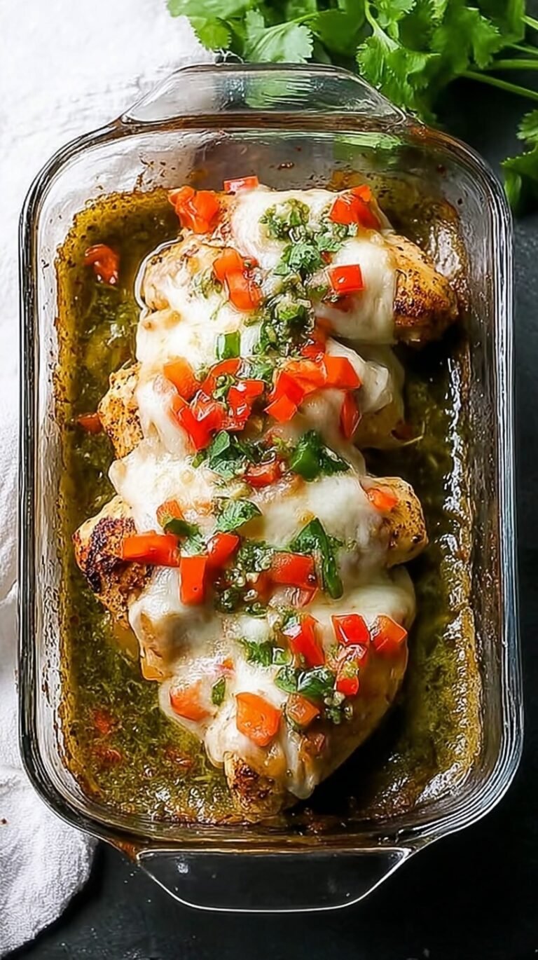 A baking dish showing chicken breasts topped with fresh pico de gallo and melted Monterey Jack cheese.