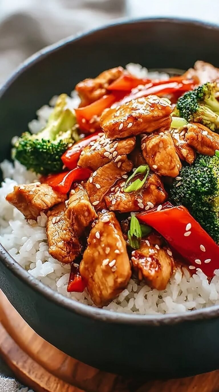 A bowl of glazed teriyaki chicken over white rice with green onions