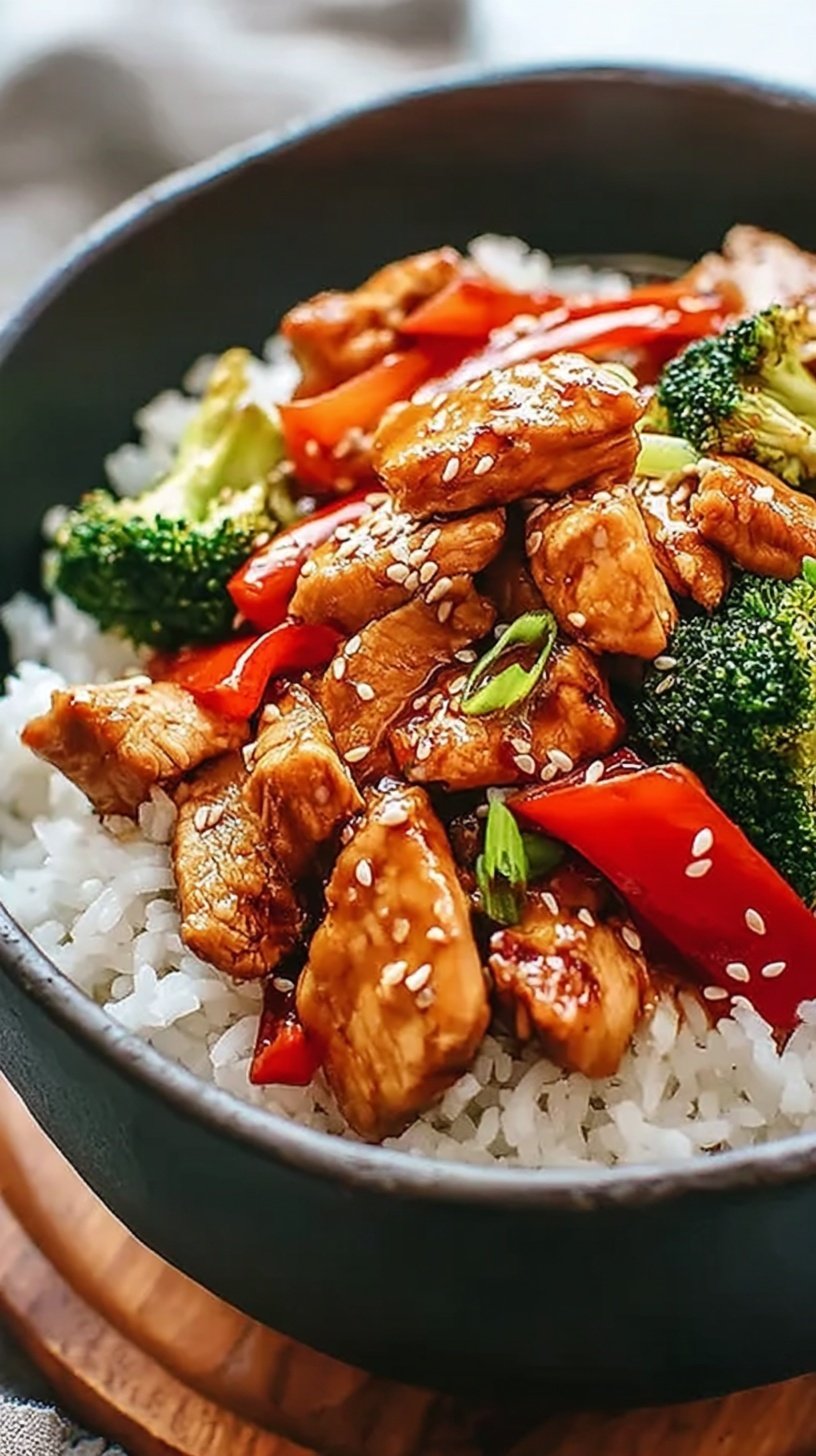 A bowl of glazed teriyaki chicken over white rice with green onions