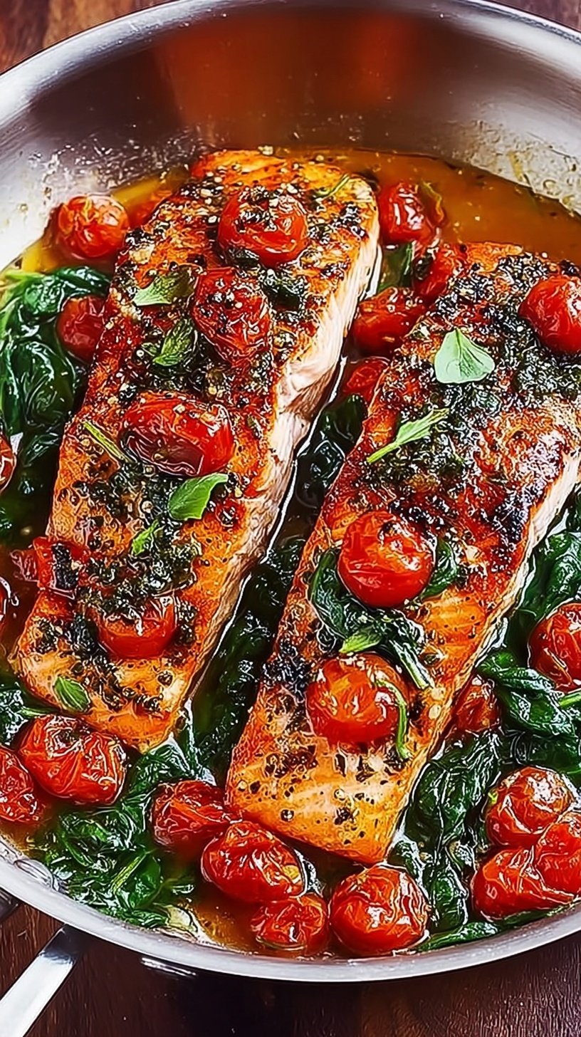 Pan-seared salmon fillets in a creamy garlic sauce with spinach and sun-dried tomatoes