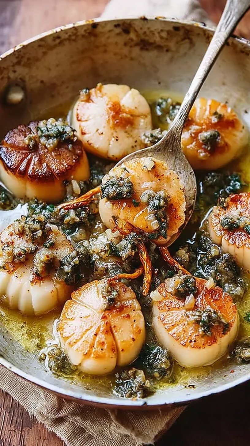 Golden brown pan-seared sea scallops drizzled with lemon butter sauce and fresh parsley on a white plate.