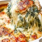 A golden brown Spinach Chicken Casserole in a ceramic baking dish with melted mozzarella and fresh spinach.