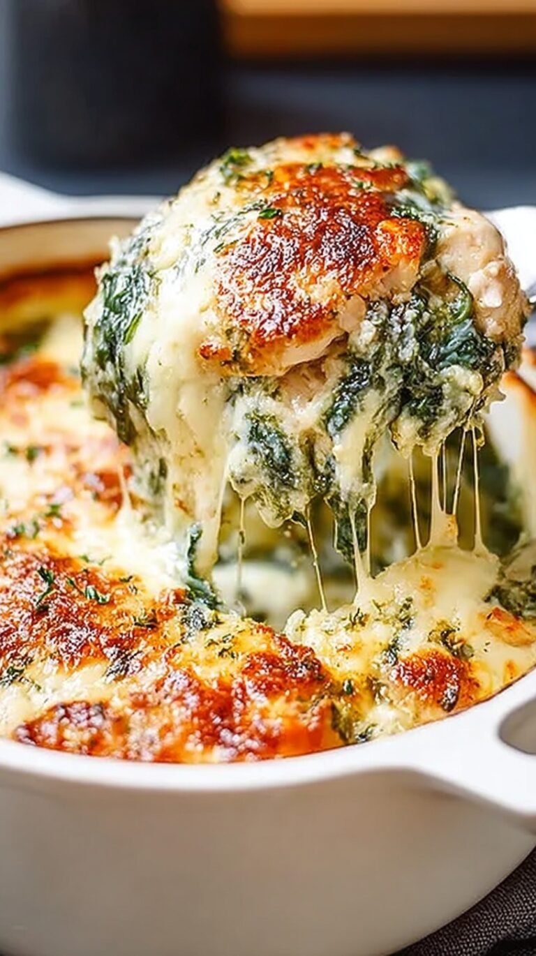 A golden brown Spinach Chicken Casserole in a ceramic baking dish with melted mozzarella and fresh spinach.