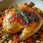 Crispy roasted chicken thighs on a bed of white beans with lemon slices and olives in a ceramic baking dish.