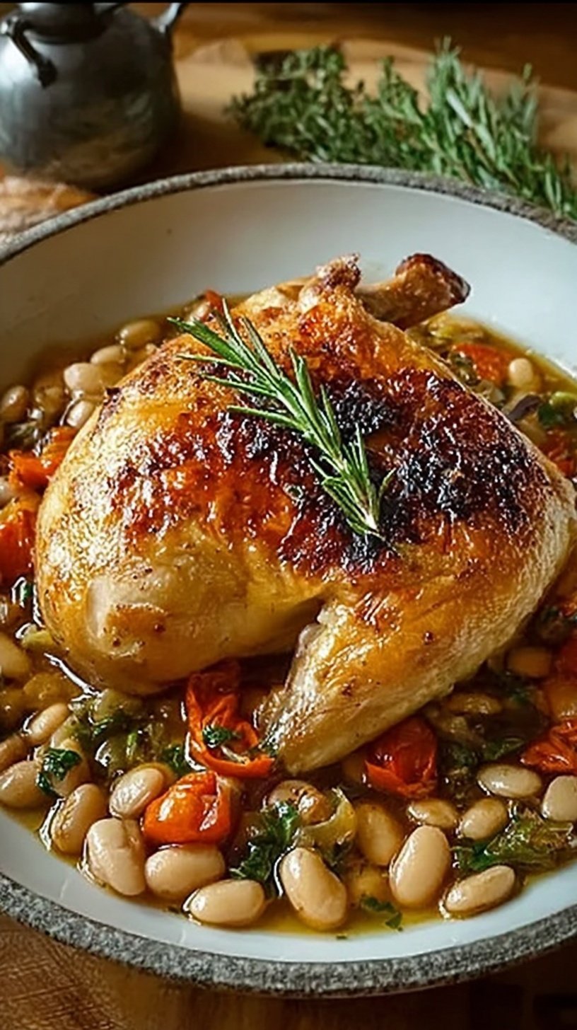 Crispy roasted chicken thighs on a bed of white beans with lemon slices and olives in a ceramic baking dish.