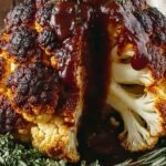 A tender roasted whole cauliflower head glazed with dark BBQ sauce and topped with fresh parsley