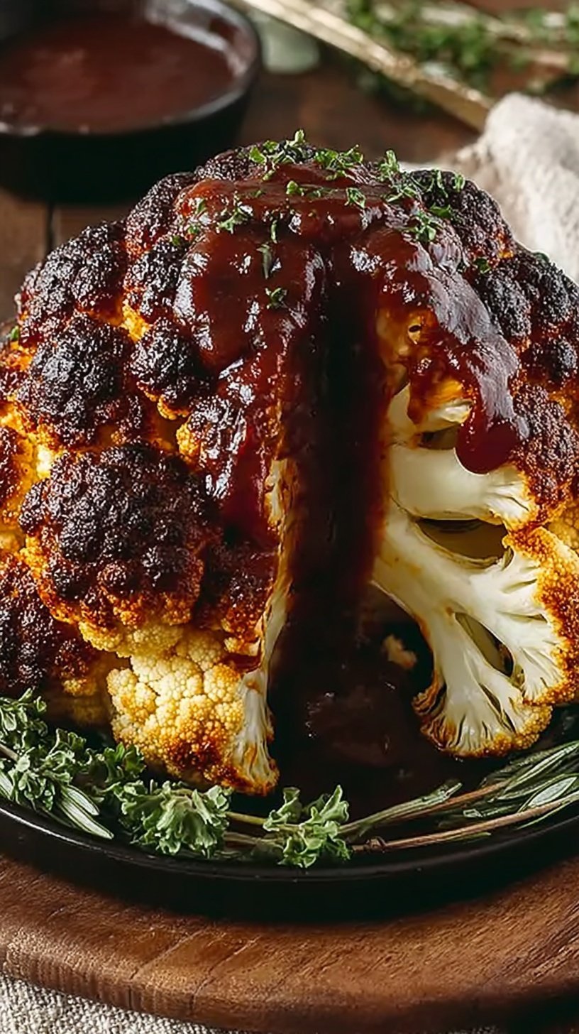 A tender roasted whole cauliflower head glazed with dark BBQ sauce and topped with fresh parsley