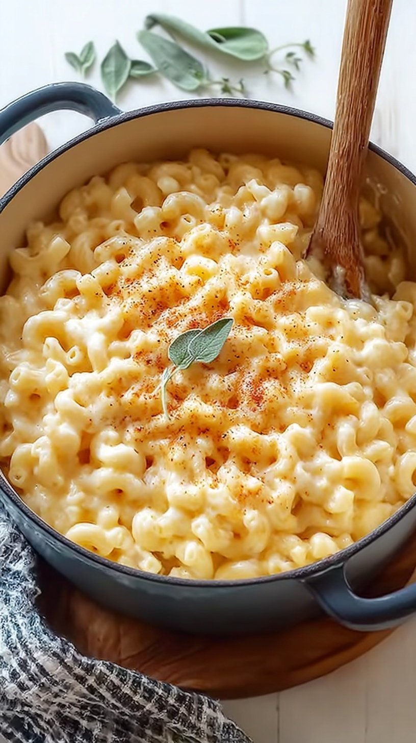 A large pot filled with creamy, golden stovetop macaroni and cheese topped with black pepper.