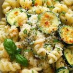 A plate of silky Spaghetti alla Nerano with golden fried zucchini and fresh basil