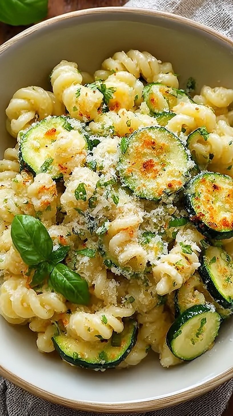 A plate of silky Spaghetti alla Nerano with golden fried zucchini and fresh basil