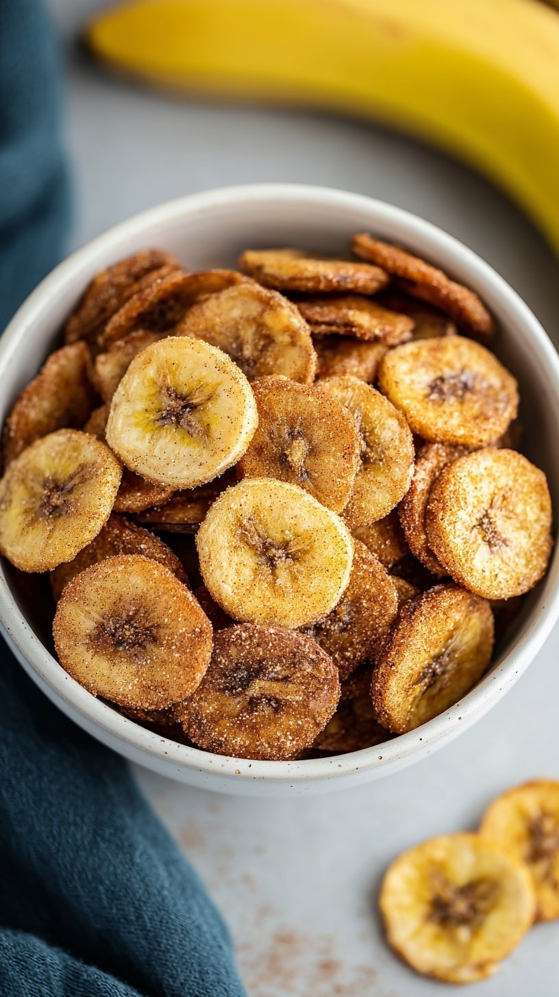 A bowl of golden brown cinnamon-sugar banana chips made in an air fryer