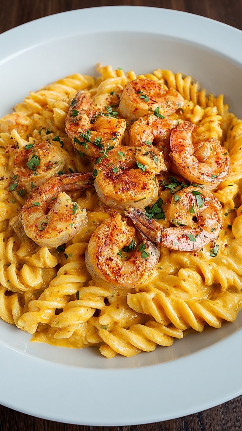 A white bowl filled with creamy Cajun shrimp pasta garnished with fresh parsley and bell peppers.
