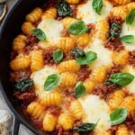 A skillet filled with tomato sauce, spicy chorizo, and gnocchi topped with melted mozzarella and fresh basil.