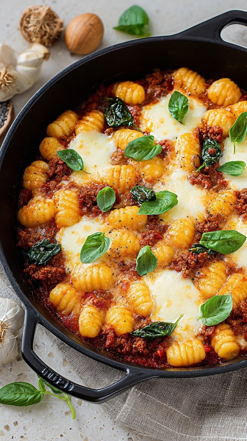 A skillet filled with tomato sauce, spicy chorizo, and gnocchi topped with melted mozzarella and fresh basil.